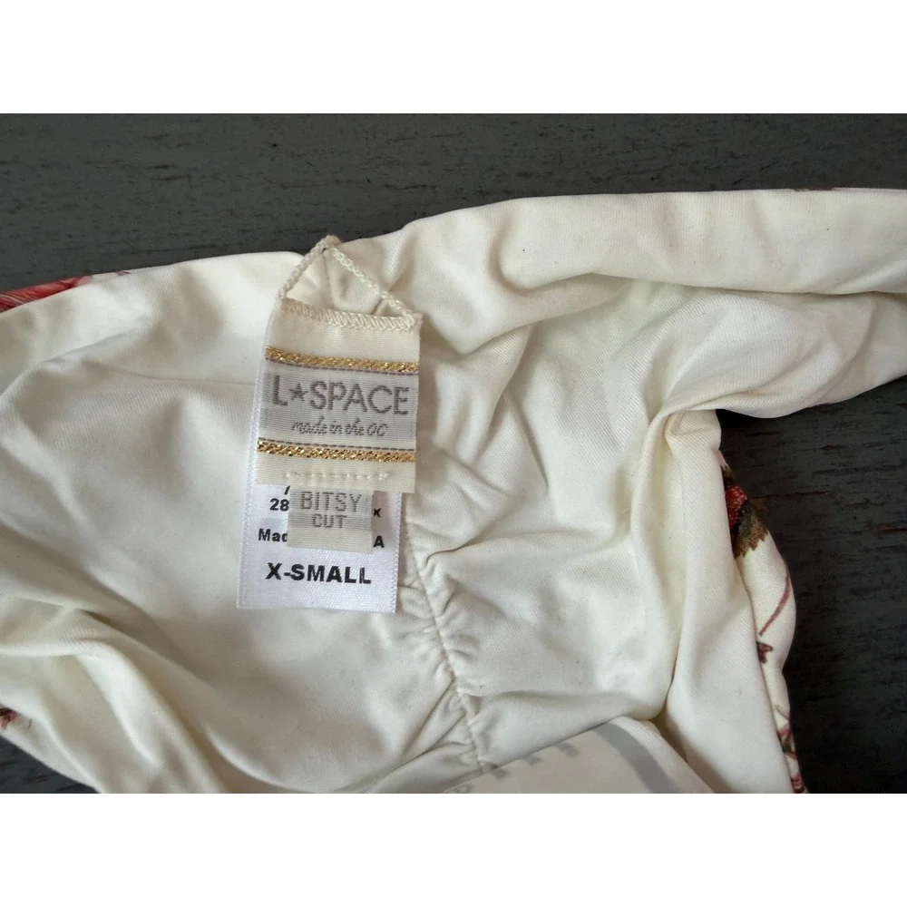 L*Space Bitsy Cut Bikini Bottom Cream Botanical Floral Ruched Cheeky XS NWOT